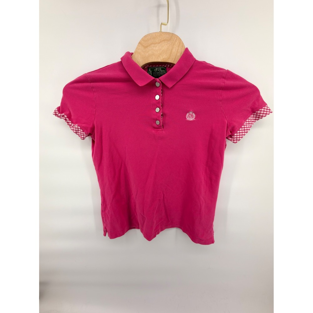 LRL Lauren Active Pink Polo Shirt Women's Large Gingham‎ Trim Cotton Golf Top